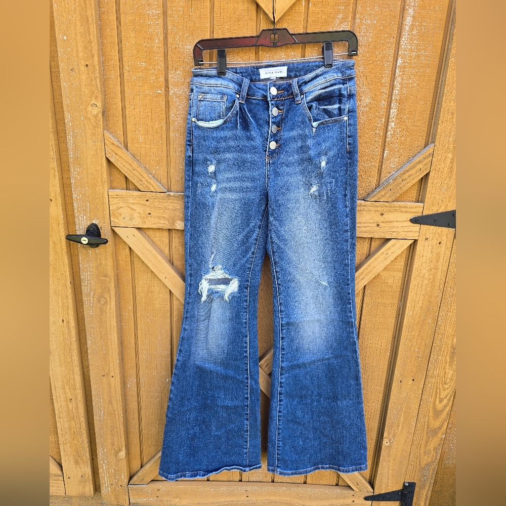 Distressed High-Rise Wide Leg Jeans in Indigo Blue